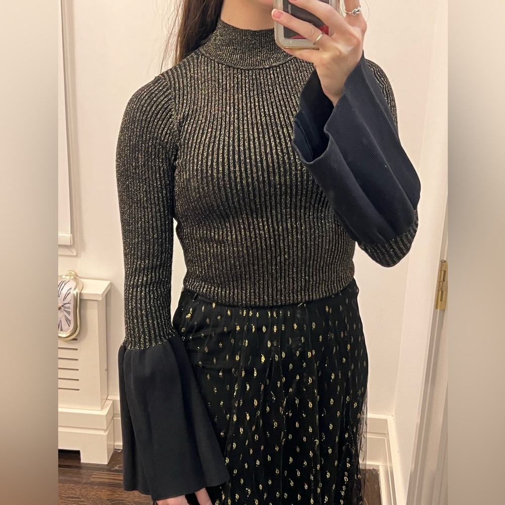 ASOS ribbed knit black and gold mock neck top with bell sleeves